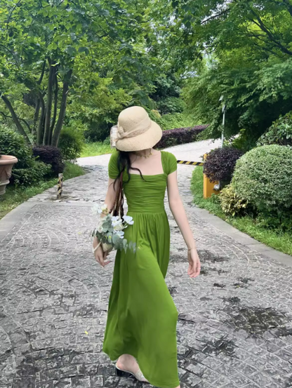 French long skirt beautiful green square collar  fashion dress summer ED0091