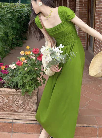 French long skirt beautiful green square collar  fashion dress summer ED0091
