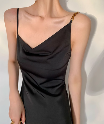 Summer gentle style French dress women's sway collar acetate sling asymmetrical oblique collar design niche temperament long skirt ED0092