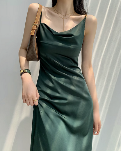 Summer gentle style French dress women's sway collar acetate sling asymmetrical oblique collar design niche temperament long skirt ED0092