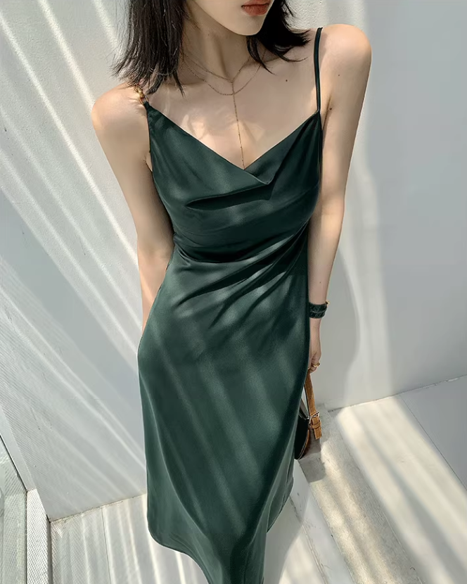 Summer gentle style French dress women's sway collar acetate sling asymmetrical oblique collar design niche temperament long skirt ED0092