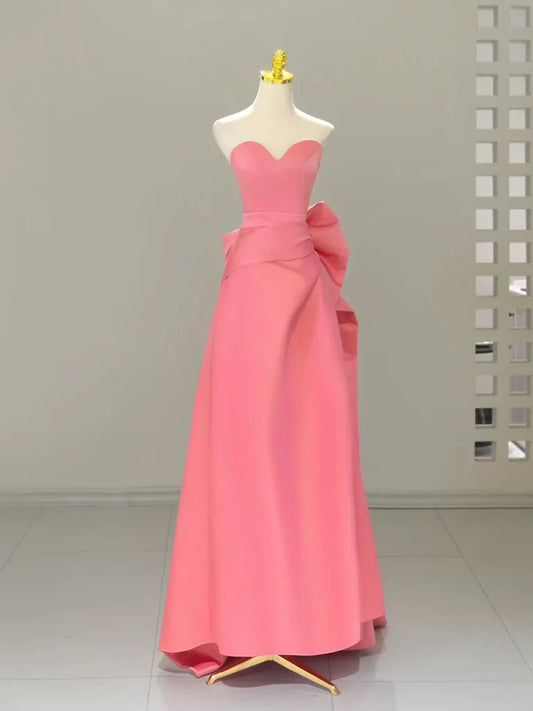 A-Line Sweetheart Neck Satin Pink Long Prom Dress, Pink Long Formal Dress ED010