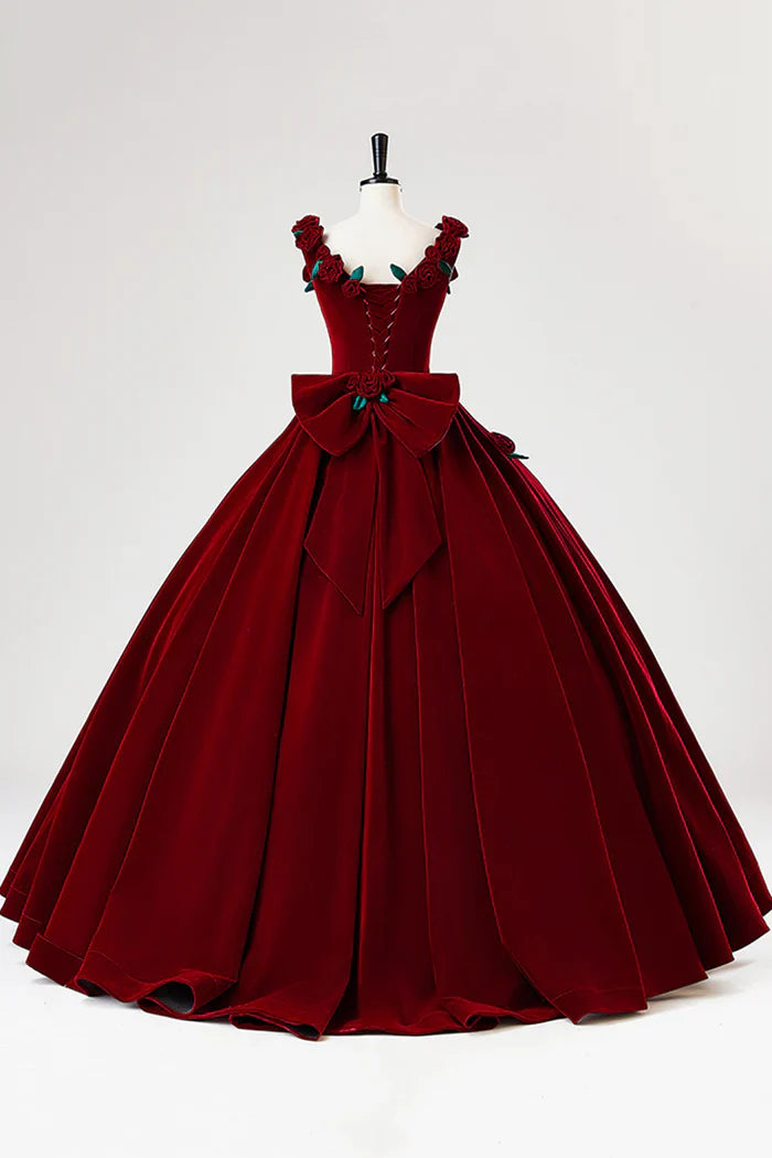 Burgundy Velvet Floor Length Prom Dress, A-Line Evening Party Dress with Flowers ED01000