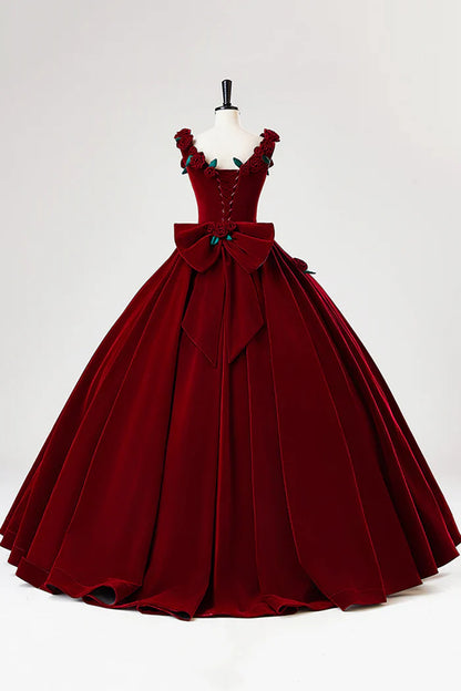 Burgundy Velvet Floor Length Prom Dress, A-Line Evening Party Dress with Flowers ED01000