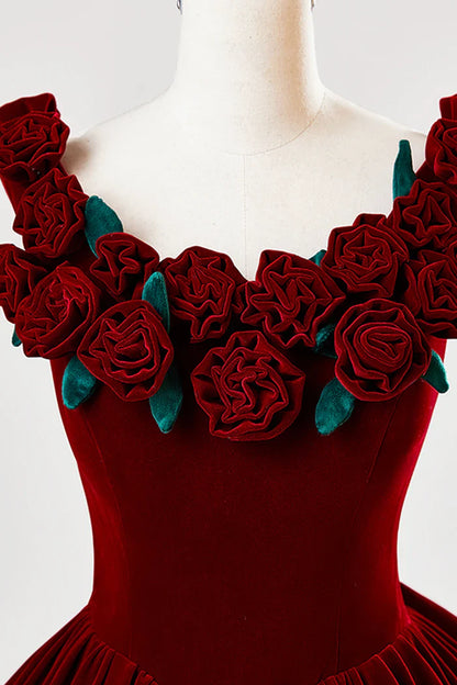 Burgundy Velvet Floor Length Prom Dress, A-Line Evening Party Dress with Flowers ED01000