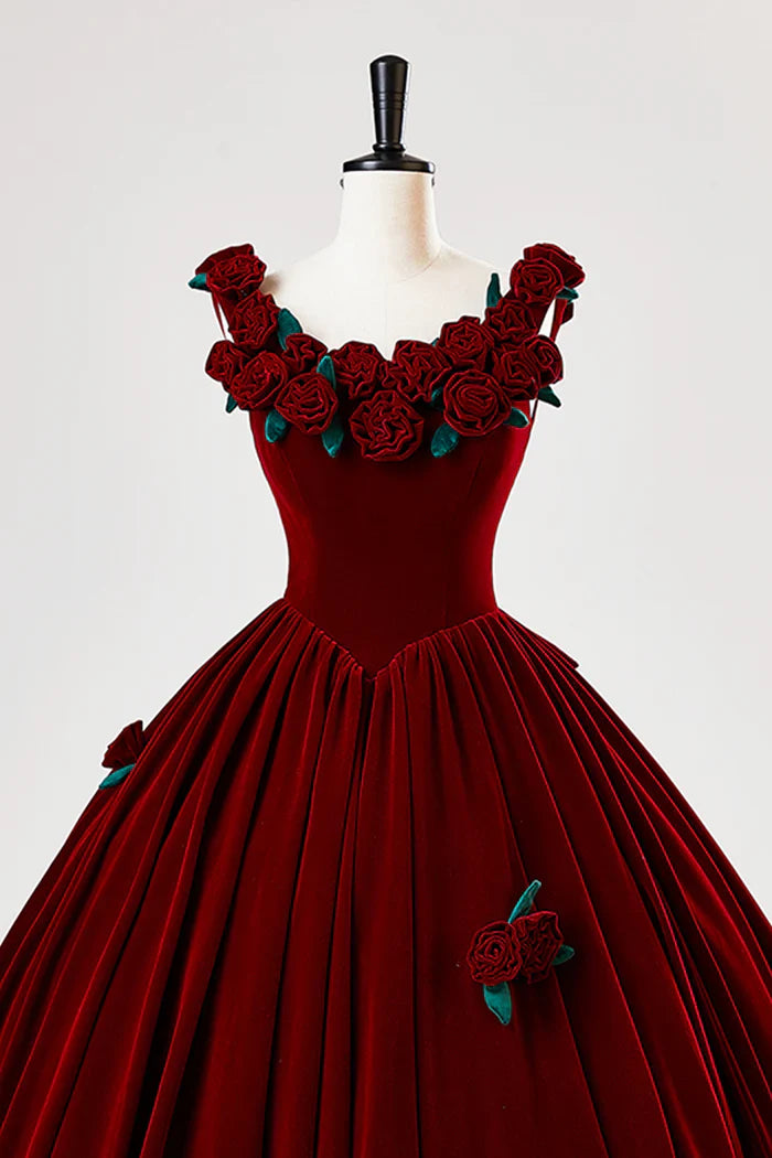 Burgundy Velvet Floor Length Prom Dress, A-Line Evening Party Dress with Flowers ED01000