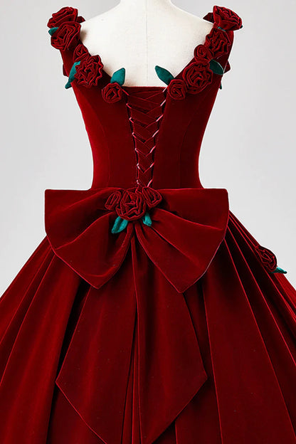 Burgundy Velvet Floor Length Prom Dress, A-Line Evening Party Dress with Flowers ED01000