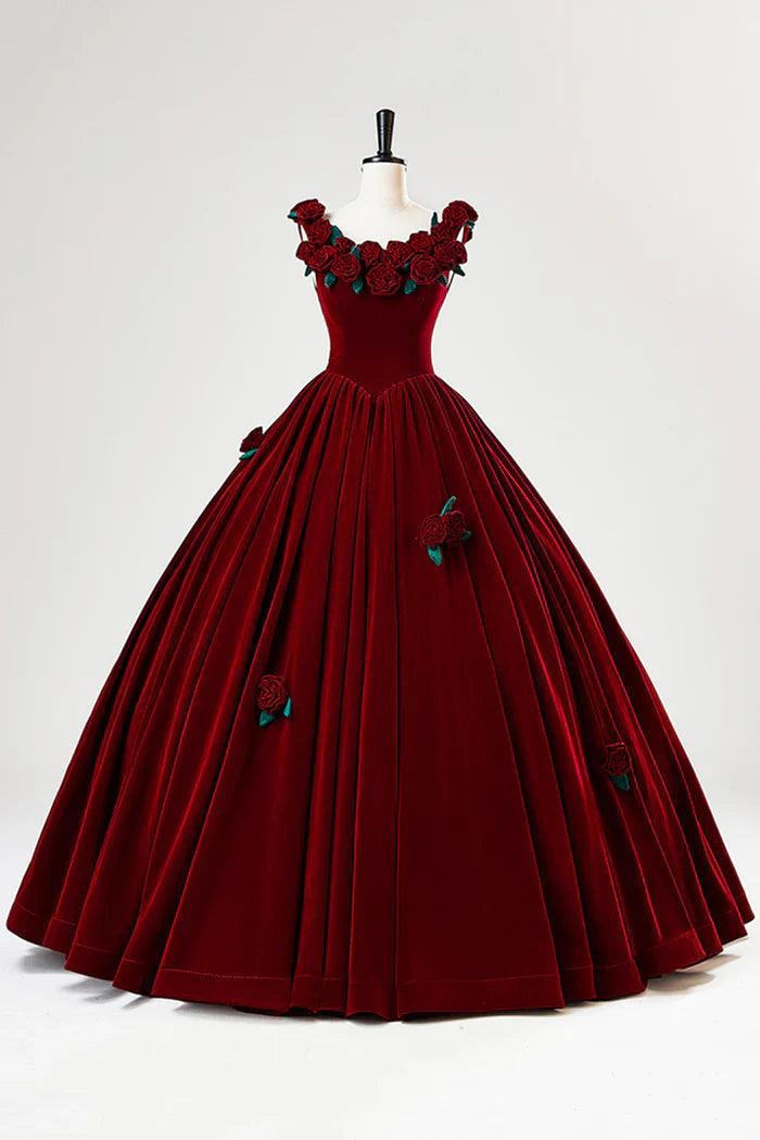 Burgundy Velvet Floor Length Prom Dress, A-Line Evening Party Dress with Flowers ED01000