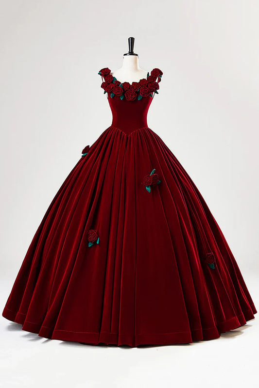 Burgundy Velvet Floor Length Prom Dress, A-Line Evening Party Dress with Flowers ED01000
