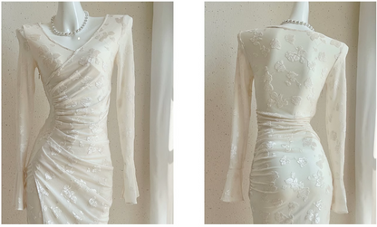 French White Flocked Long Sleeve Dress  ED01012