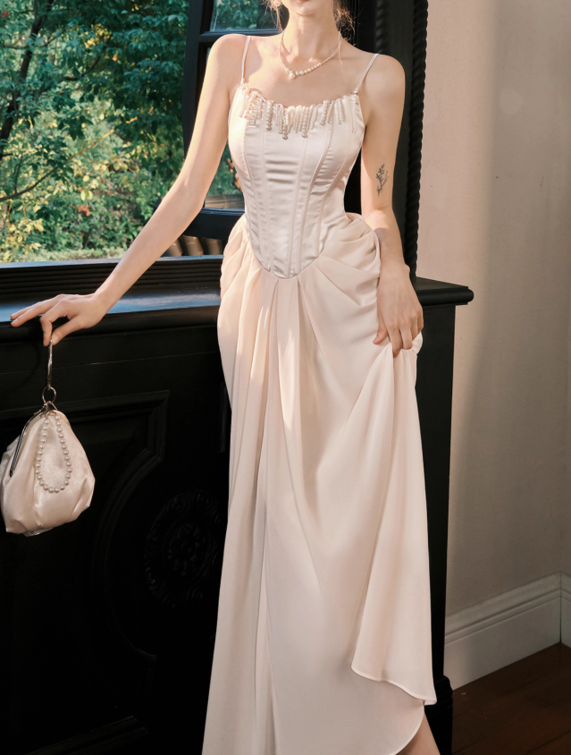 French Satin Pearl Dress Birthday Dress  ED01013