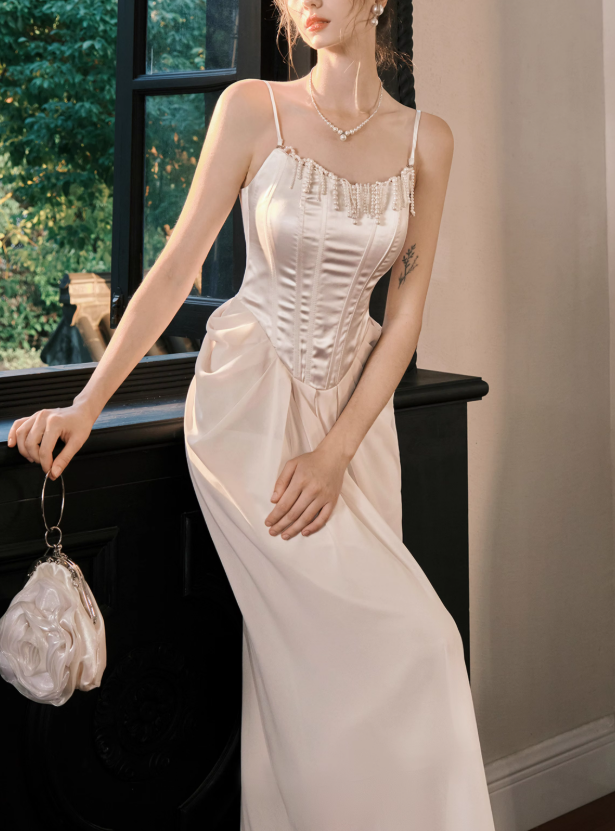 French Satin Pearl Dress Birthday Dress  ED01013