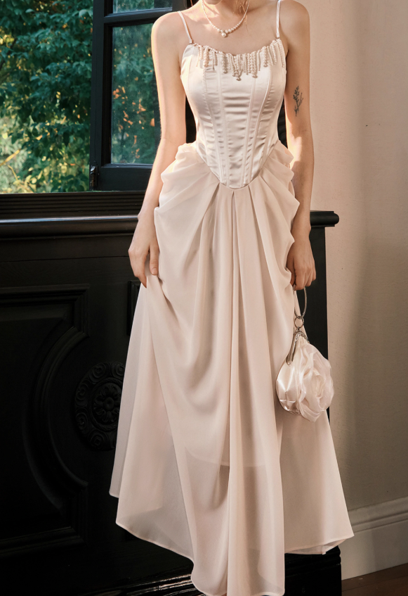 French Satin Pearl Dress Birthday Dress  ED01013