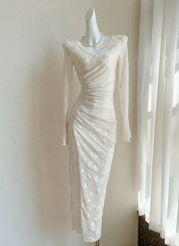 French White Flocked Long Sleeve Dress  ED01012