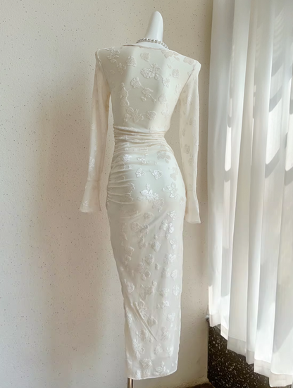 French White Flocked Long Sleeve Dress  ED01012