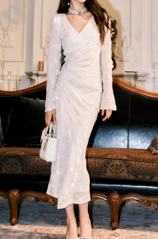 French White Flocked Long Sleeve Dress  ED01012