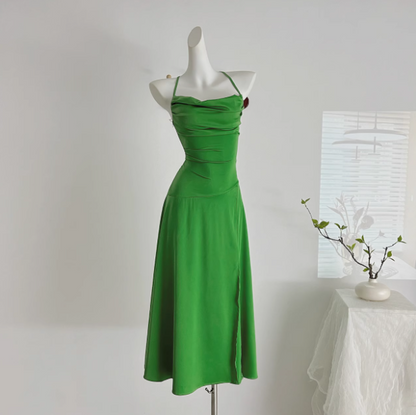 Green Satin Swing Neck Suspender Dress Birthday Dress  ED01017