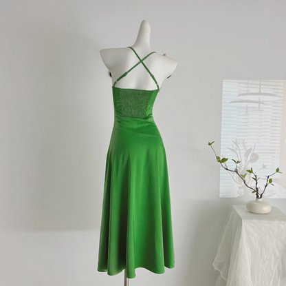 Green Satin Swing Neck Suspender Dress Birthday Dress  ED01017