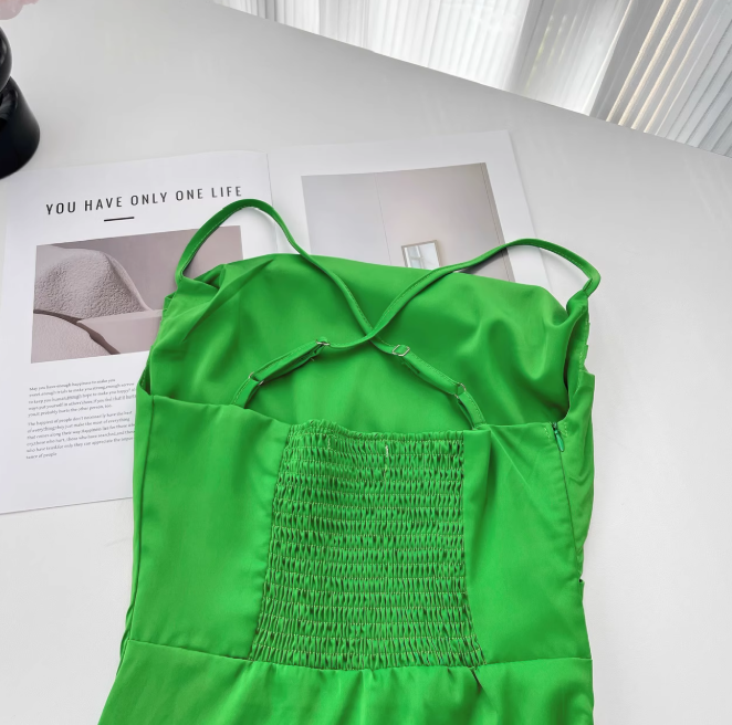 Green Satin Swing Neck Suspender Dress Birthday Dress  ED01017