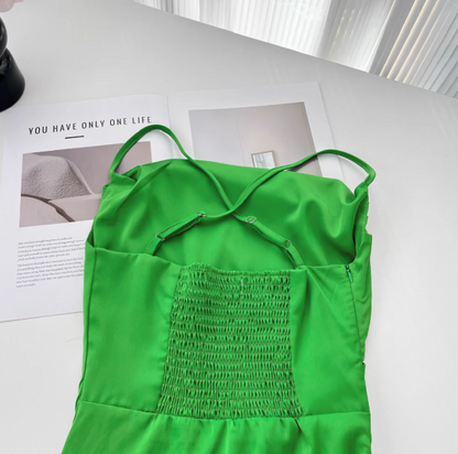 Green Satin Swing Neck Suspender Dress Birthday Dress  ED01017