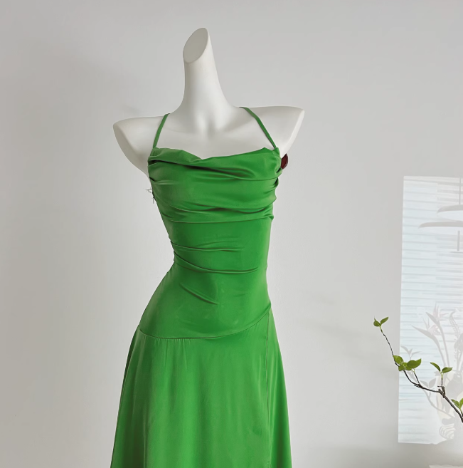 Green Satin Swing Neck Suspender Dress Birthday Dress  ED01017