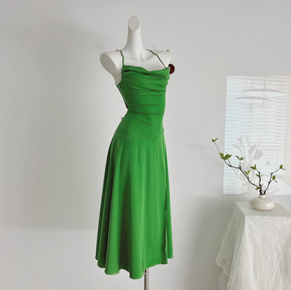 Green Satin Swing Neck Suspender Dress Birthday Dress  ED01017