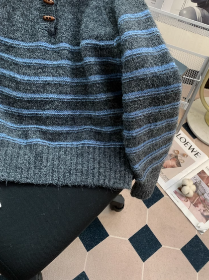 Vintage horn button striped half open collar sweater ED01018