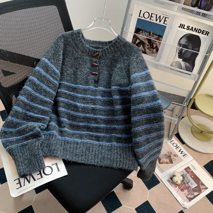 Vintage horn button striped half open collar sweater ED01018