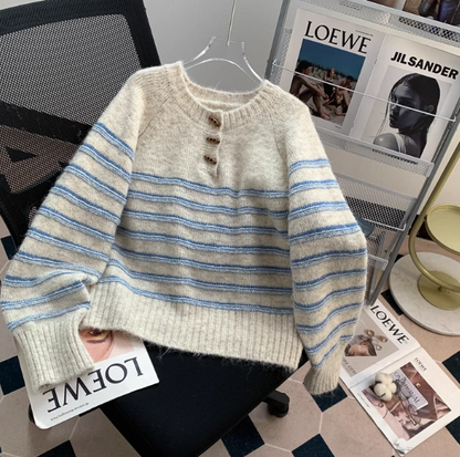 Vintage horn button striped half open collar sweater ED01018