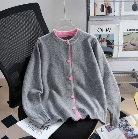 Contrast color crew neck knitted cardigan ED01019