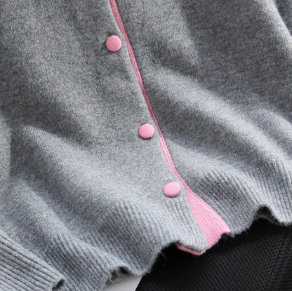 Contrast color crew neck knitted cardigan ED01019