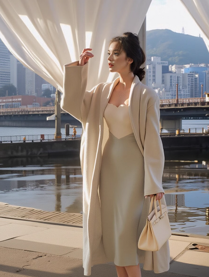 French retro contrast color splicing V-neck knitted dress women's autumn and winter temperament slim bottoming hip suspender skirt ED0102