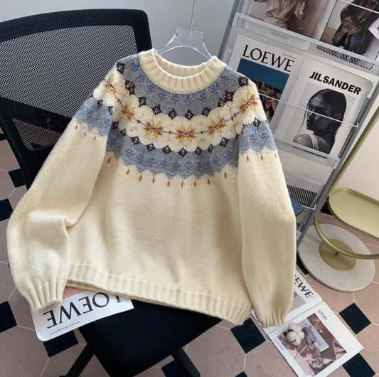 Fair Isle Vintage Jacquard Crew Neck Sweater ED01024