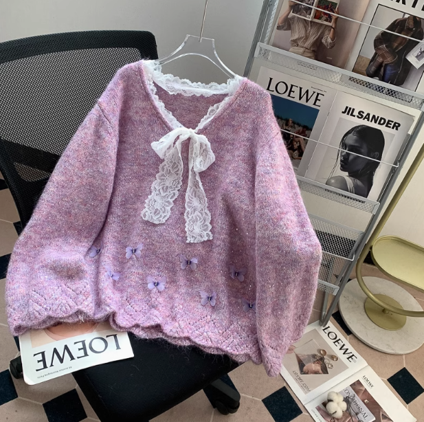 Gentle and sweet lace bow sequined V-neck sweater ED01026