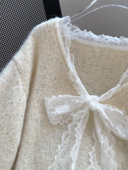 Gentle and sweet lace bow sequined V-neck sweater ED01026