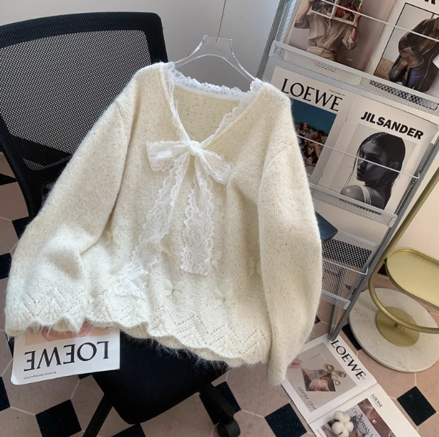 Gentle and sweet lace bow sequined V-neck sweater ED01026