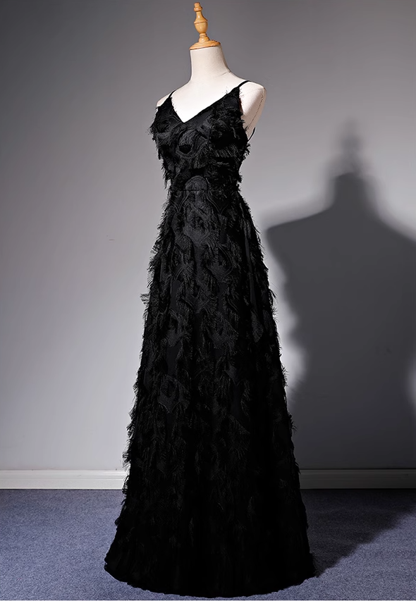 Black A-line V-neck satin long prom dress, black evening dress ED01028