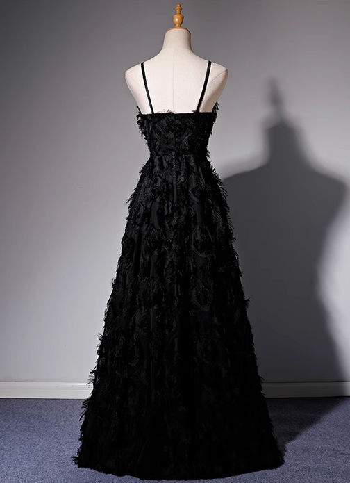 Black A-line V-neck satin long prom dress, black evening dress ED01028