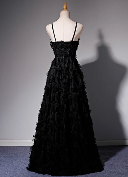 Black A-line V-neck satin long prom dress, black evening dress ED01028