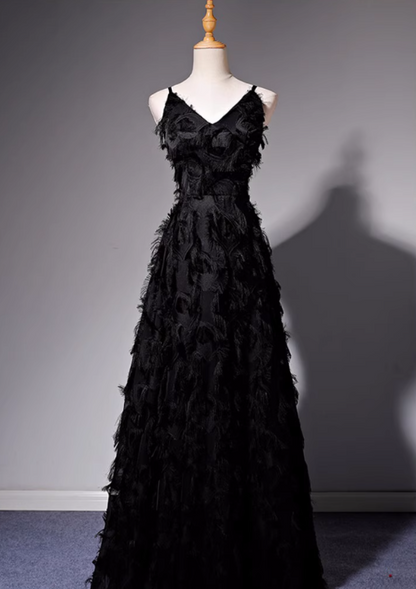 Black A-line V-neck satin long prom dress, black evening dress ED01028