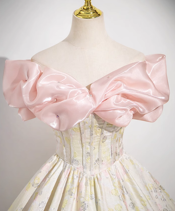 Champagne A-line off-the-shoulder neck satin long ball dress, champagne evening dress  ED01030