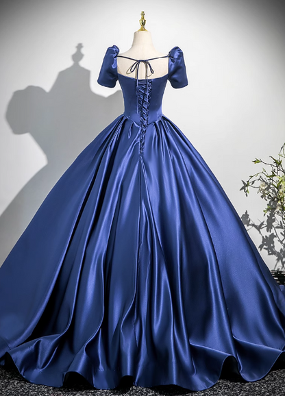 Blue A-line square neck satin long prom dress, blue evening dress  ED01029