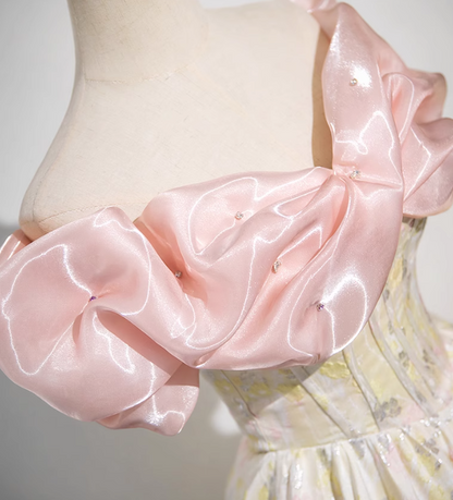 Champagne A-line off-the-shoulder neck satin long ball dress, champagne evening dress  ED01030