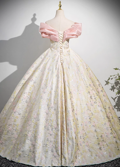 Champagne A-line off-the-shoulder neck satin long ball dress, champagne evening dress  ED01030