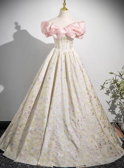 Champagne A-line off-the-shoulder neck satin long ball dress, champagne evening dress  ED01030