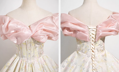 Champagne A-line off-the-shoulder neck satin long ball dress, champagne evening dress  ED01030