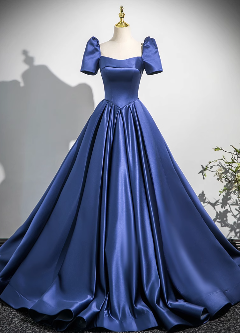 Blue A-line square neck satin long prom dress, blue evening dress  ED01029