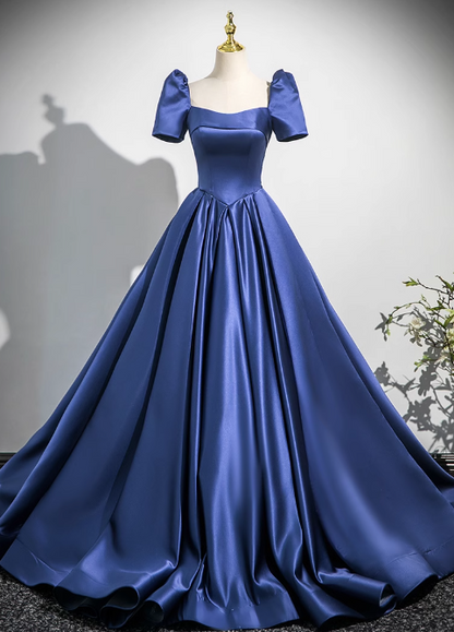 Blue A-line square neck satin long prom dress, blue evening dress  ED01029