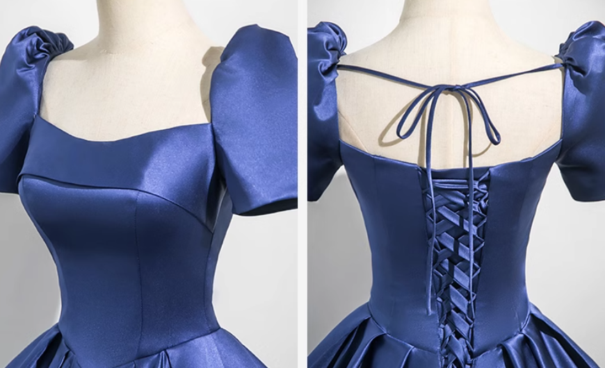 Blue A-line square neck satin long prom dress, blue evening dress  ED01029