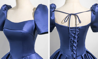 Blue A-line square neck satin long prom dress, blue evening dress  ED01029